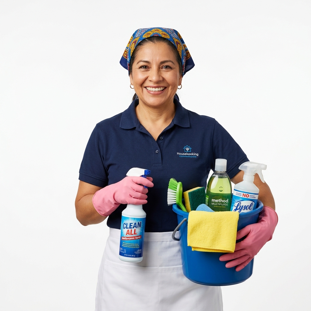 Profesional de limpieza con productos